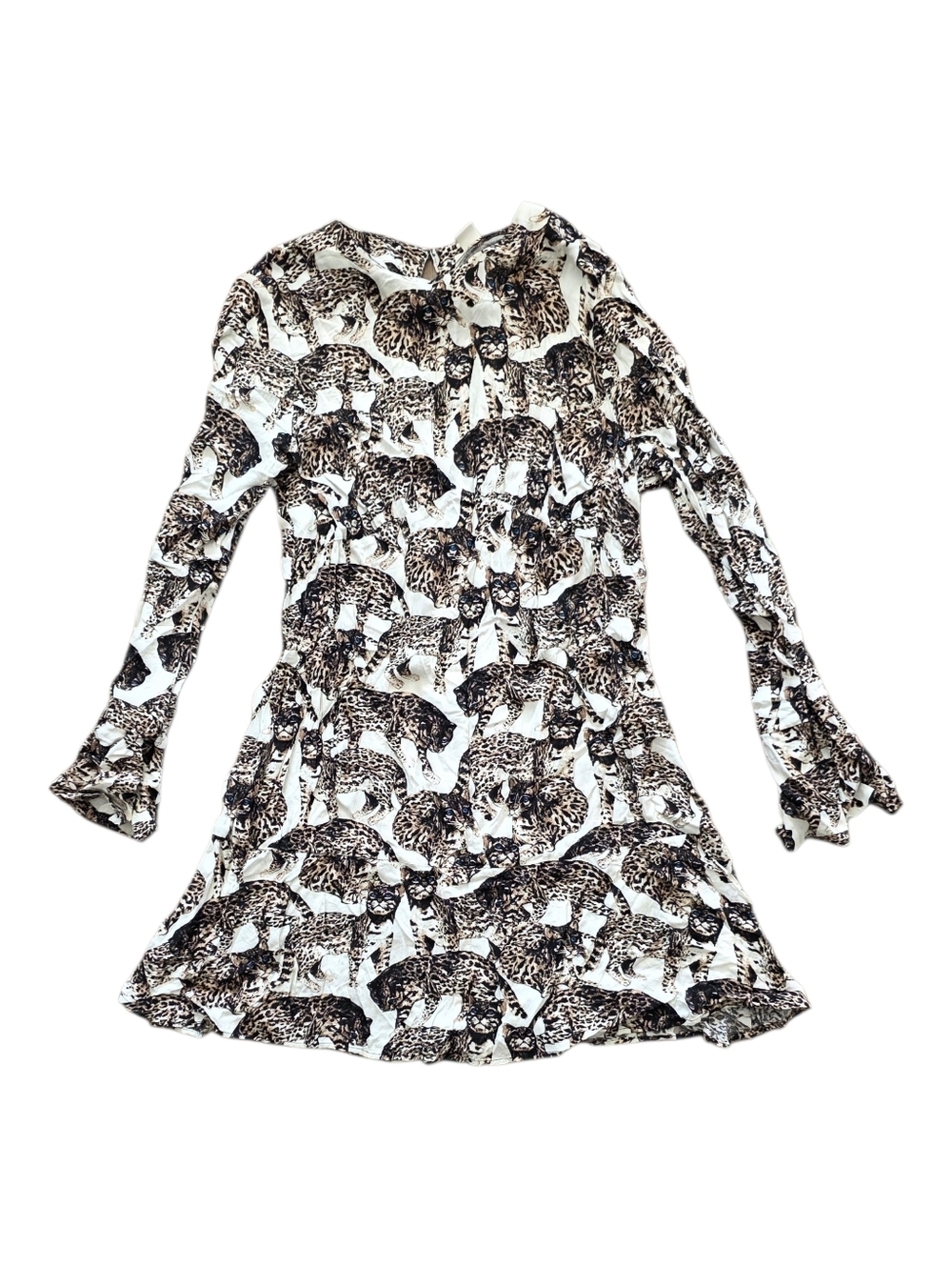 H&M Brown and White Bengal Leopard Cat Print Long Sleeve Mini Viscose Dress 14
